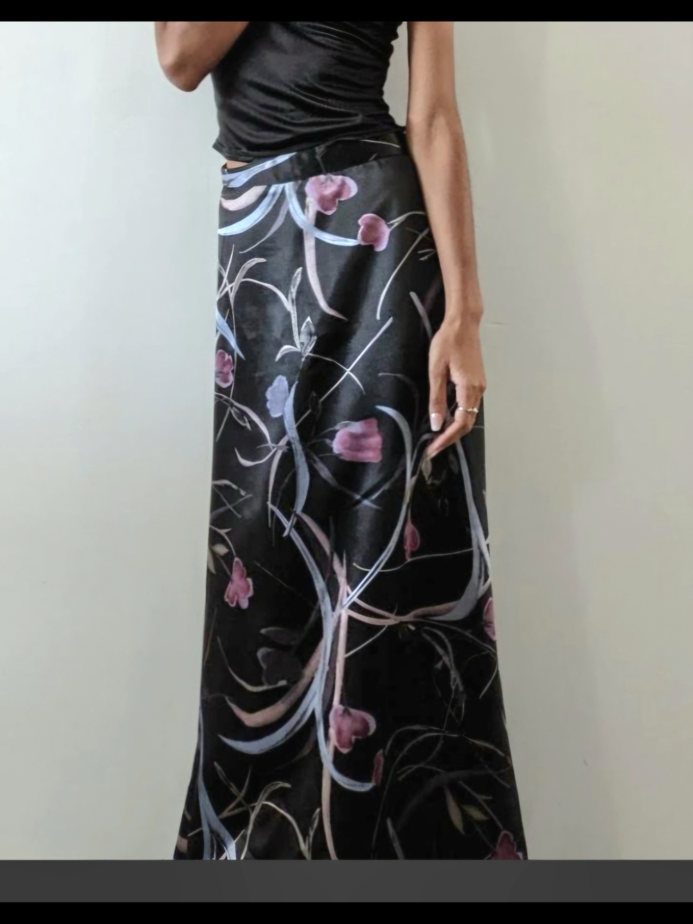 Black Abstract Floral Satin Full Length Maxi Skirt 90's Star City Clothing Co.